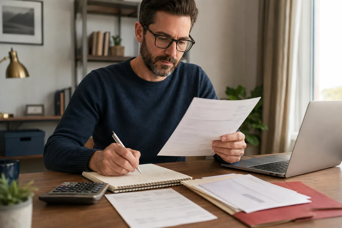 Man taking notes while reviewing a collection notice and credit documents at his desk.