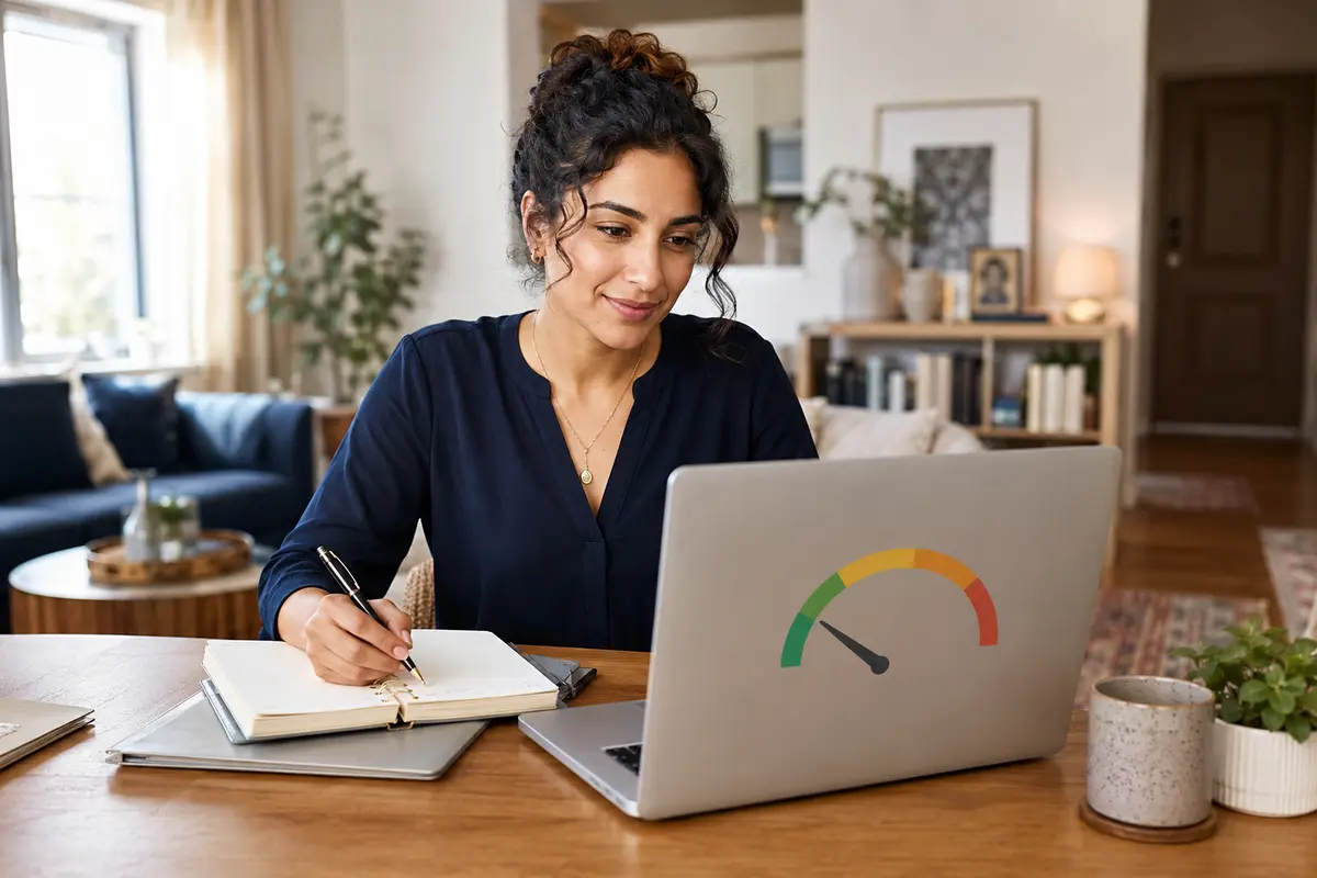 Woman reviewing a credit score range while planning at home