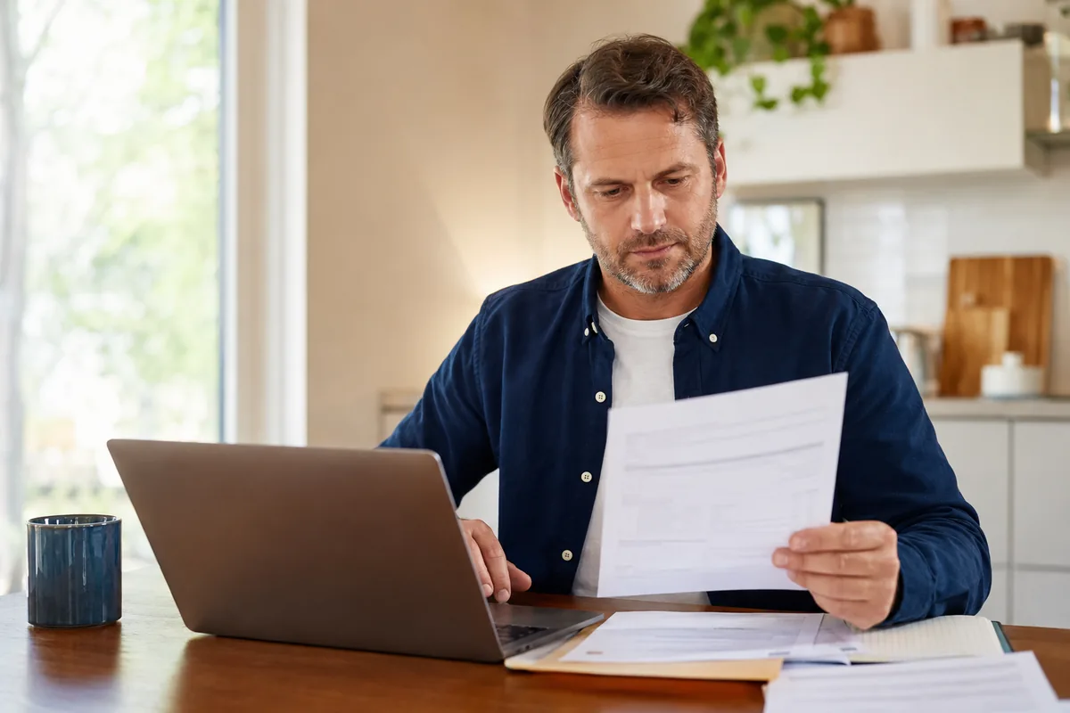 Man reviewing credit monitoring documents beside a laptop at a home desk.