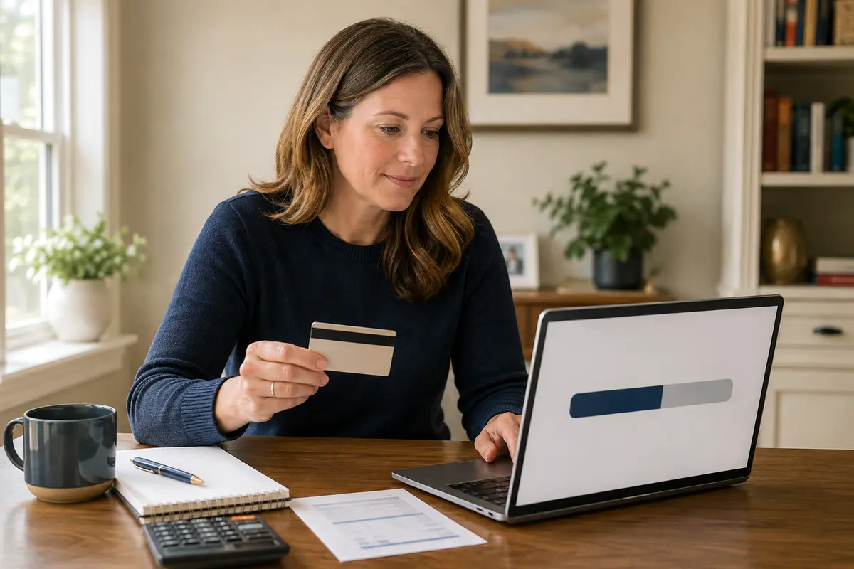 Woman comparing a credit card balance with available credit
