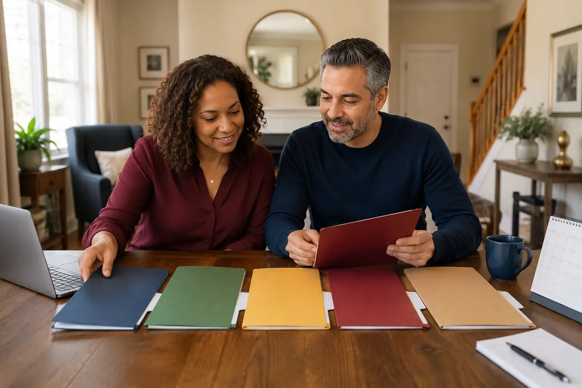 Couple organizing the factors that contribute to a credit score