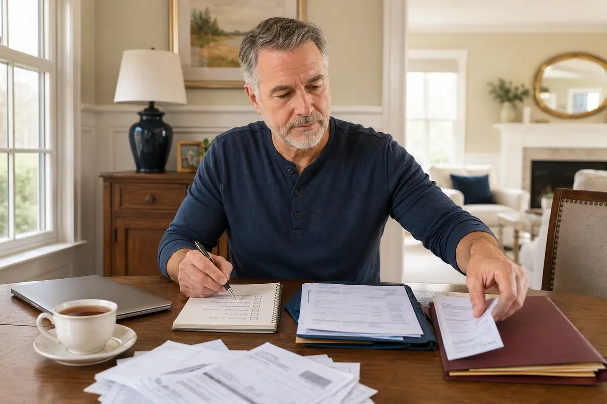 Man organizing financial documents after a credit setback