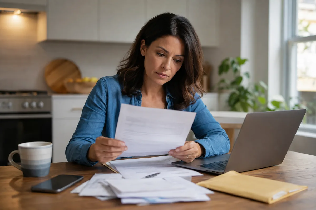 Worried woman reviewing opened mail and credit documents after finding an unfamiliar account.