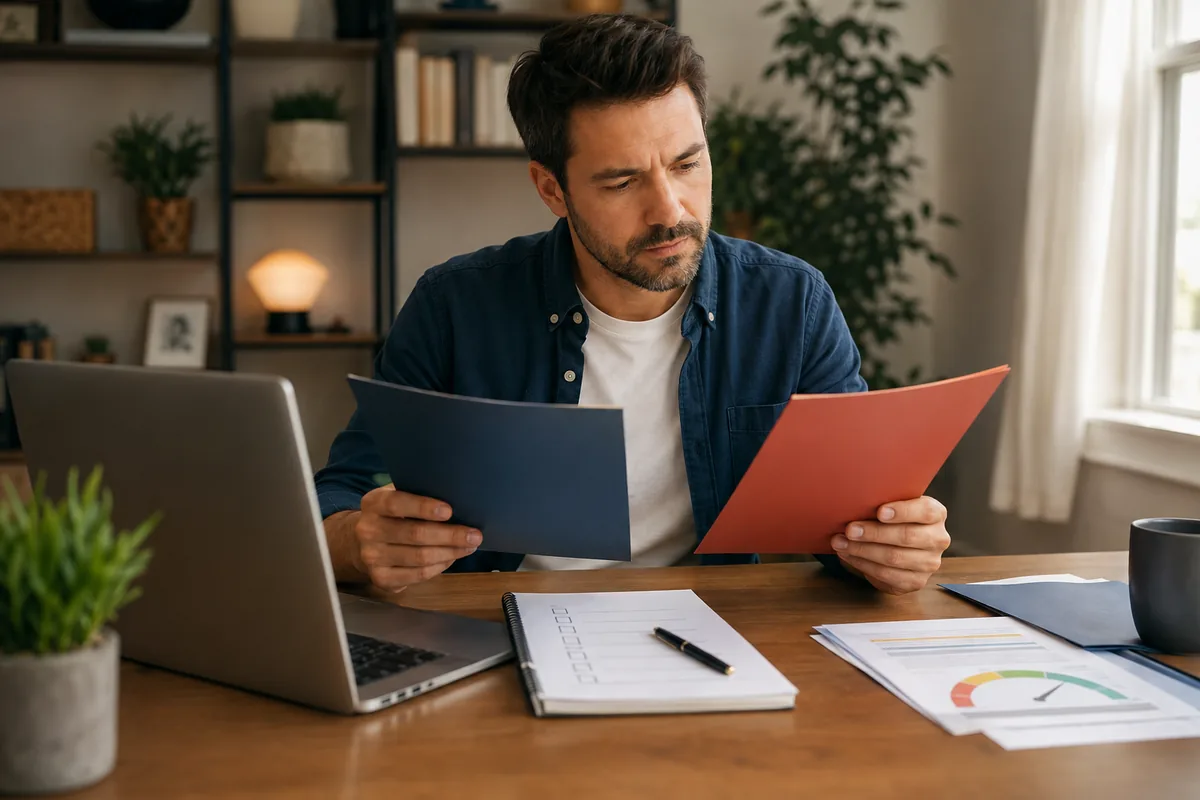 Man comparing two credit monitoring service folders with documents on a desk.
