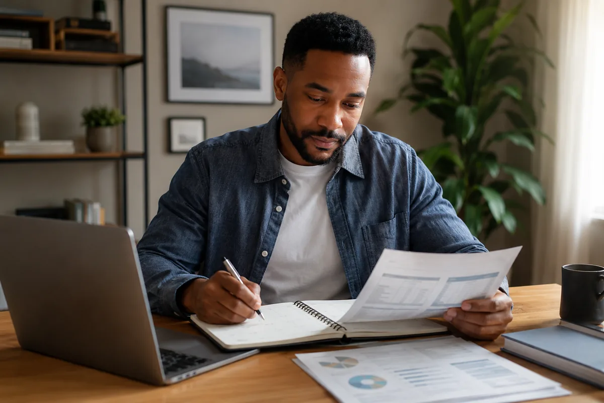 Man using a planner while reviewing year-round credit monitoring documents.
