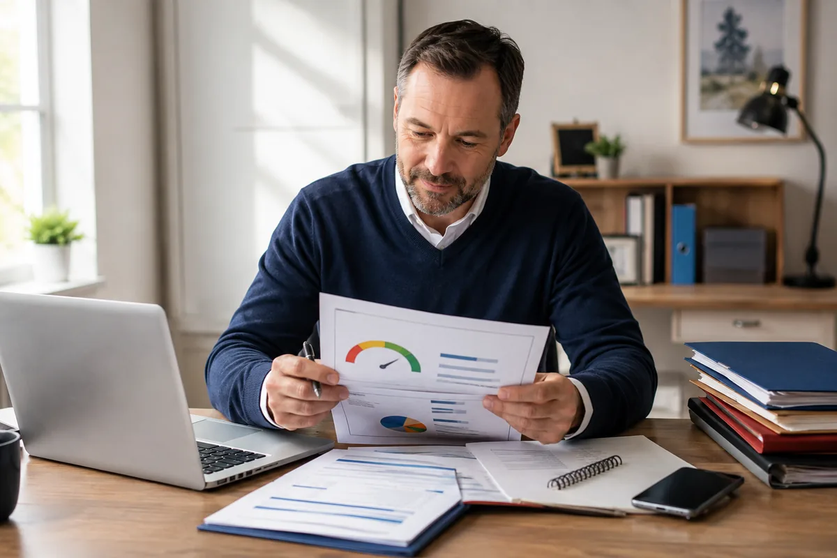 Man reviewing a credit monitoring report and score summary beside organized documents.
